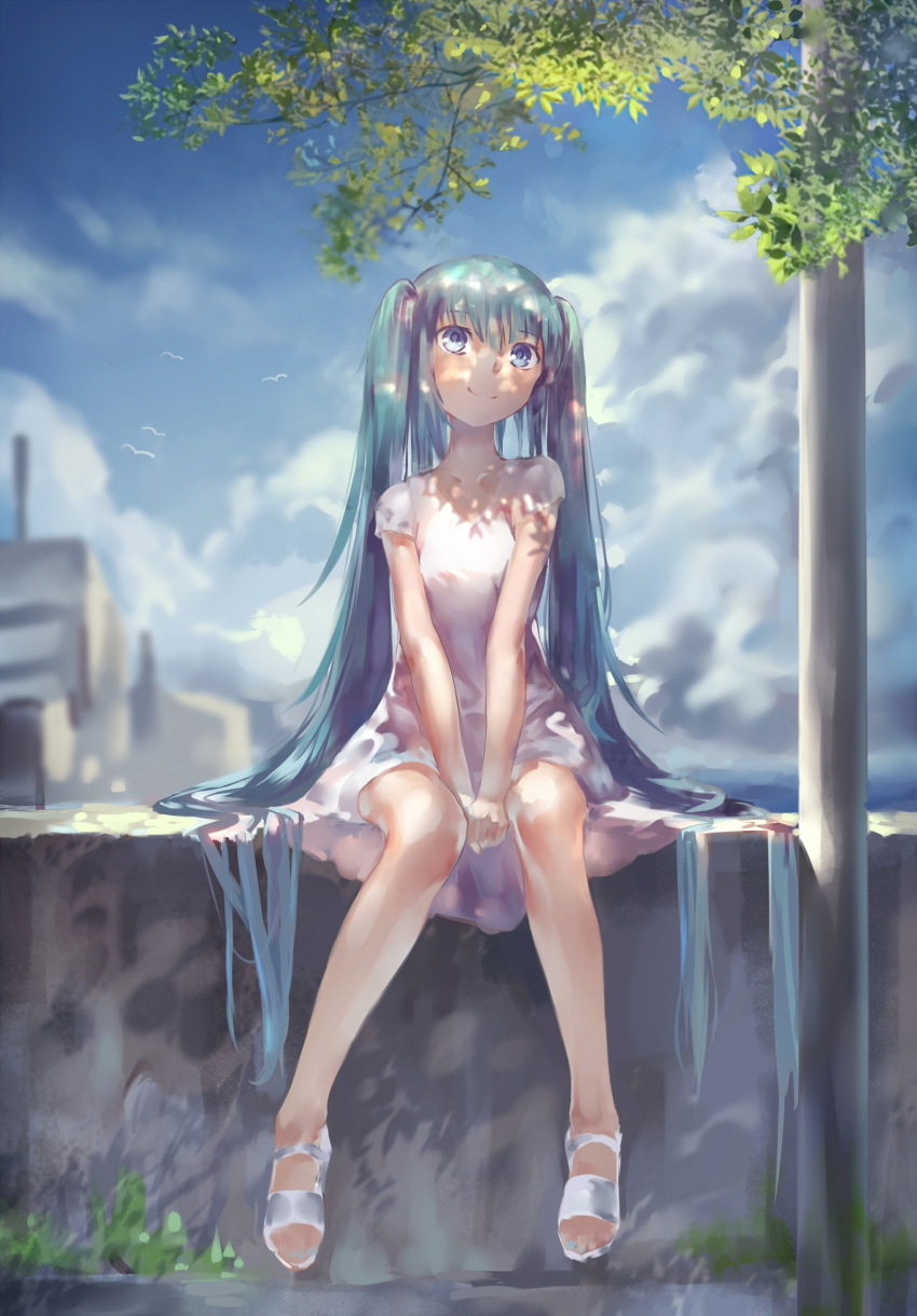 1girl aqua_hair azomo blue_eyes clouds cloudy_sky commentary concrete dappled_sunlight day dress foot_dangle full_body green_hair hatsune_miku head_tilt highres long_hair looking_up nail_polish on_wall outdoors own_hands_together pole revision sandals shadow short_sleeves sitting sky smile solo sunlight toenail_polish toenails tree tree_shade twintails v_arms very_long_hair vocaloid wall white_dress