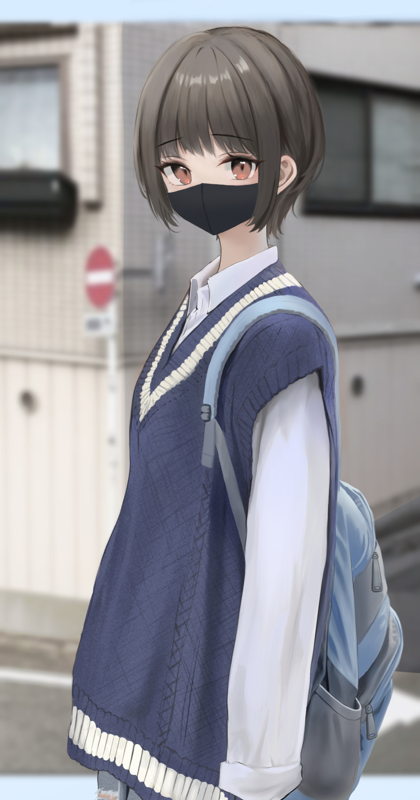 absurdres backpack bag blue_vest blurry blurry_background derivative_work highres looking_at_viewer mask original realistic school_uniform ttusee5 vest