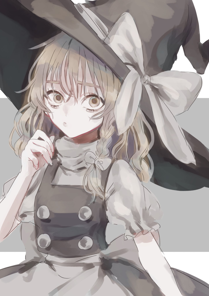 1girl apron arm_at_side black_headwear black_skirt black_vest blonde_hair bow braid buttons commentary eyebrows_visible_through_hair hair_bow hand_up hat hat_bow highres kirisame_marisa long_hair looking_at_viewer one-hour_drawing_challenge parted_lips puffy_short_sleeves puffy_sleeves shirt short_sleeves simple_background single_braid skirt skirt_set solo touhou upper_body vest waist_apron waist_bow white_apron white_bow white_shirt witch_hat yellow_eyes zabu_rou