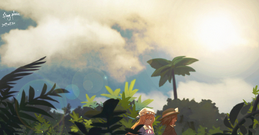 2girls :/ :d black_capelet black_headwear blonde_hair blue_eyes bow brown_hair capelet closed_eyes closed_mouth clouds cloudy_sky commentary dated dress eyebrows_visible_through_hair fedora forest furahata_gen hair_between_eyes hair_bow hat hat_ribbon highres leaf lens_flare long_hair looking_at_viewer maribel_hearn mob_cap multiple_girls nature neckerchief open_mouth outdoors palm_tree plant purple_dress ribbon scenery short_hair short_ponytail side_ponytail signature sky smile touhou tree upper_body usami_renko white_bow white_headwear white_neckerchief white_ribbon