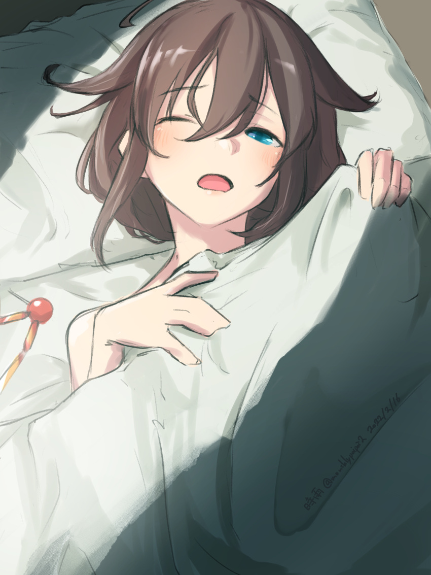 1girl absurdres alternate_hairstyle bangs blue_eyes blush commentary dated eyebrows_visible_through_hair hair_between_eyes hair_down hair_flaps hair_ornament hair_ornament_removed highres kantai_collection long_hair looking_at_viewer lying messy_hair nude on_back parted_lips pillow shigure_(kancolle) shigure_kai_ni_(kancolle) signature solo twitter_username umibudou under_covers upper_body waking_up
