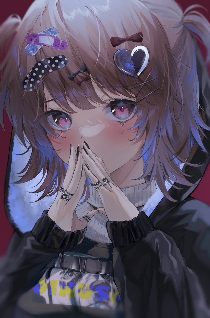 1girl bangs belt black_belt black_hoodie black_nails blush bow brown_hair covering_mouth eyebrows_visible_through_hair frown fur-trimmed_hood fur_trim hair_between_eyes hair_bow hair_ornament hairclip harui_(hr_x9_) heart heart_hair_ornament highres hood hoodie jewelry long_sleeves looking_at_viewer medium_hair multiple_rings nail_polish original own_hands_together red_bow ribbed_sweater ring sleeves_past_wrists solo sticker sweater tears two_side_up upper_body violet_eyes white_sweater x_hair_ornament