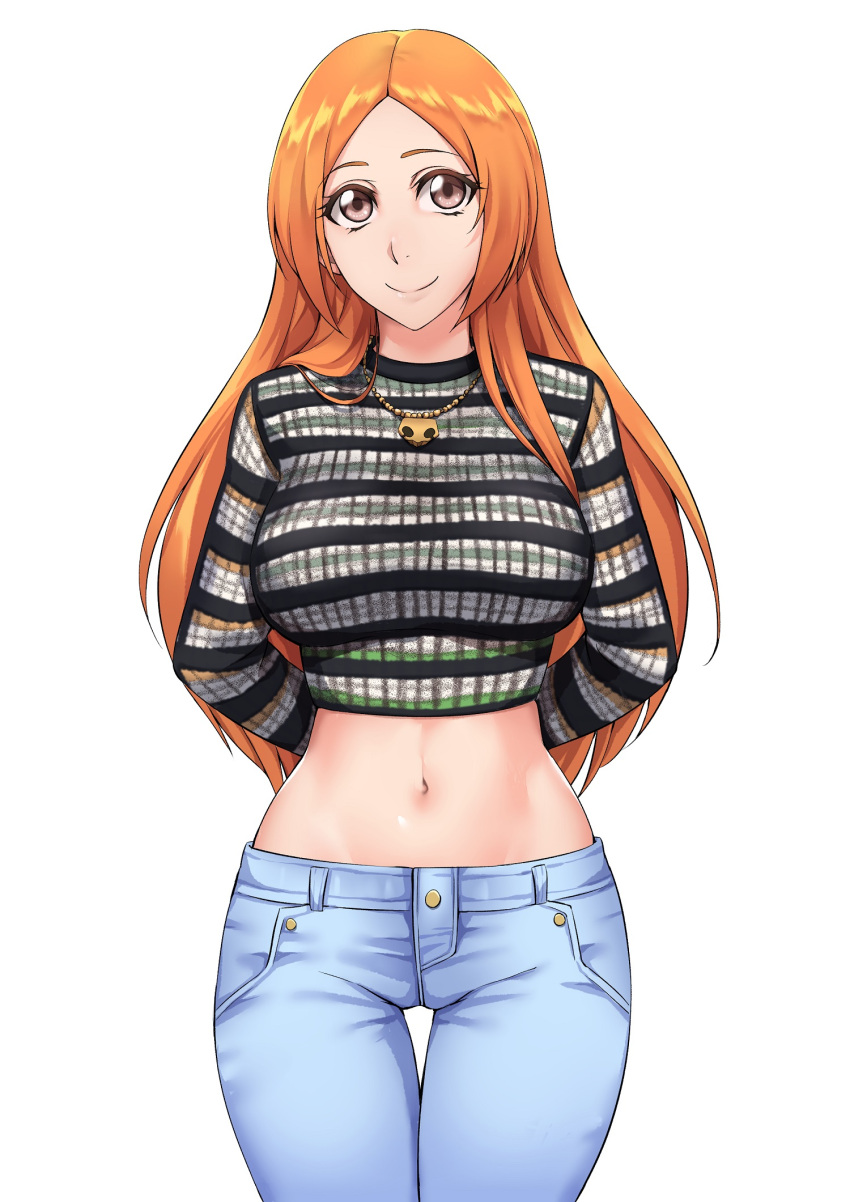 1girl alternate_costume arms_behind_back bangs bleach breasts brown_eyes closed_mouth commentary_request cowboy_shot crop_top denim groin highres inoue_orihime jeans jewelry large_breasts long_hair long_sleeves looking_at_viewer midriff navel necklace orange_hair pants parted_bangs partial_commentary sakuya_(liao_kj) shirt sidelocks simple_background smile solo standing striped striped_shirt thigh_gap white_background