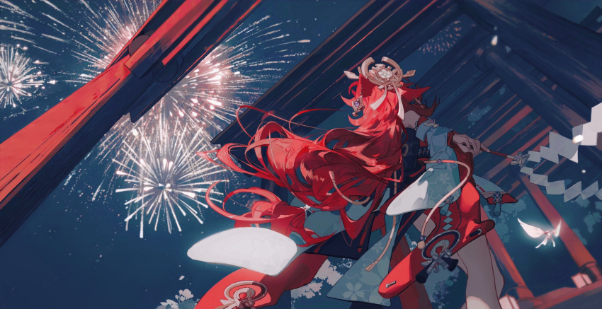 1girl absurdres animal_ears bug butterfly detached_sleeves dmbjia dutch_angle earrings festival fireworks floppy_ears fox_ears from_behind genshin_impact glowing_butterfly gohei highres holding japanese_clothes jewelry kimono long_hair looking_up low-tied_long_hair miko night night_sky priestess redhead shirt sky sleeveless sleeveless_shirt torii vision_(genshin_impact) walking wide_sleeves yae_miko