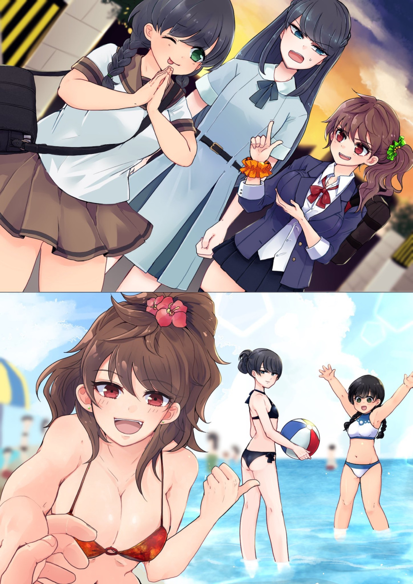 3girls :p asymmetrical_hair ball beach beachball bikini black_hair blue_dress blue_eyes blue_skirt blush breasts brown_hair brown_skirt commentary_request dress eyelashes flower green_eyes hair_flower hair_ornament hair_up happy highres large_breasts long_hair looking_at_another multiple_girls older one_eye_closed open_mouth original plump ponytail red_eyes school_uniform shirt side_ponytail skirt smile swimsuit tongue tongue_out totoyasu_tsp twintails white_shirt wrist_cuffs