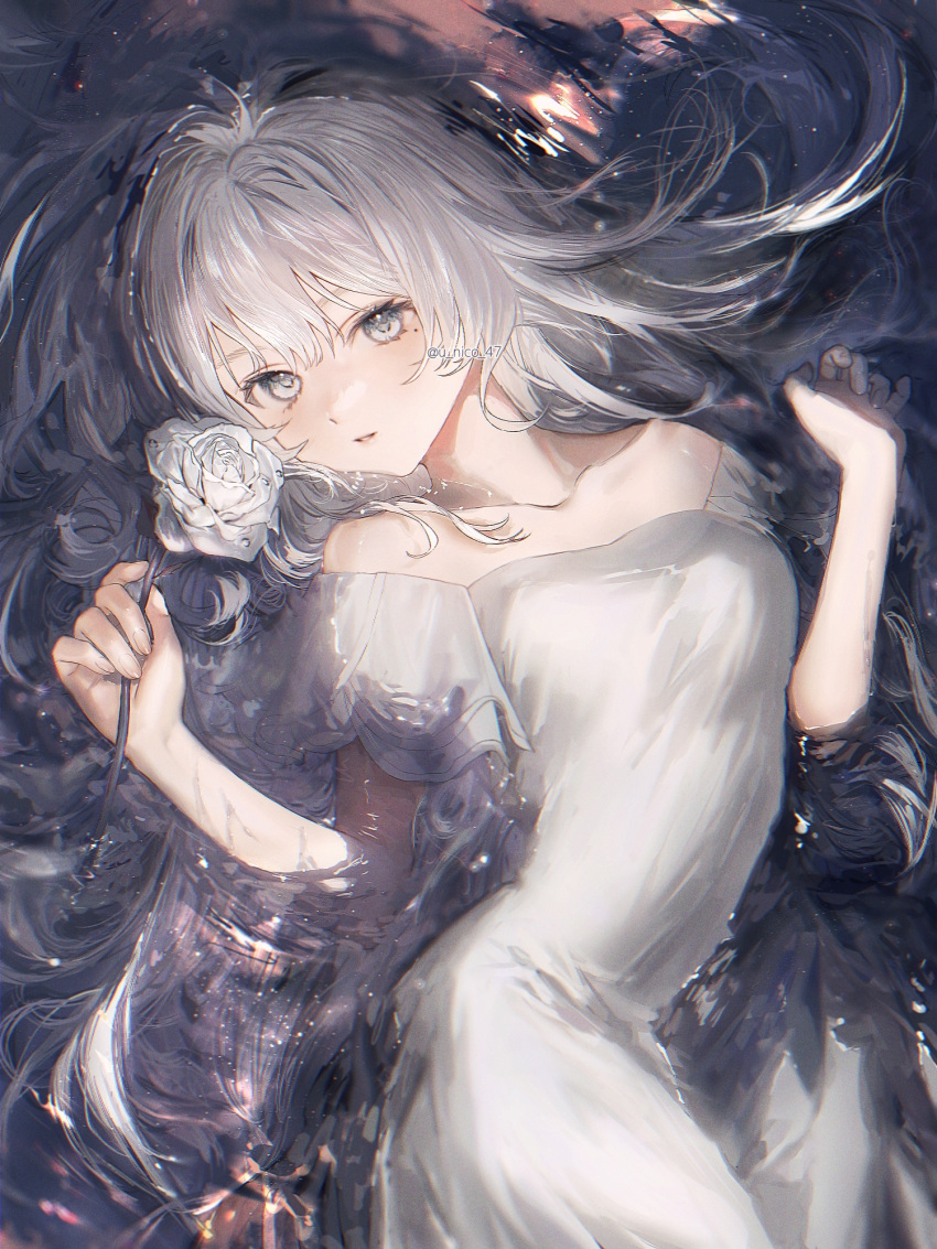 1girl bangs bare_arms breasts collarbone dress flower from_above grey_eyes hair_between_eyes highres holding holding_flower long_hair looking_at_viewer lying mole mole_under_eye off-shoulder_dress off_shoulder on_back original parted_lips rose silver_hair small_breasts solo twitter_username u_nico_47 very_long_hair white_dress white_flower white_rose