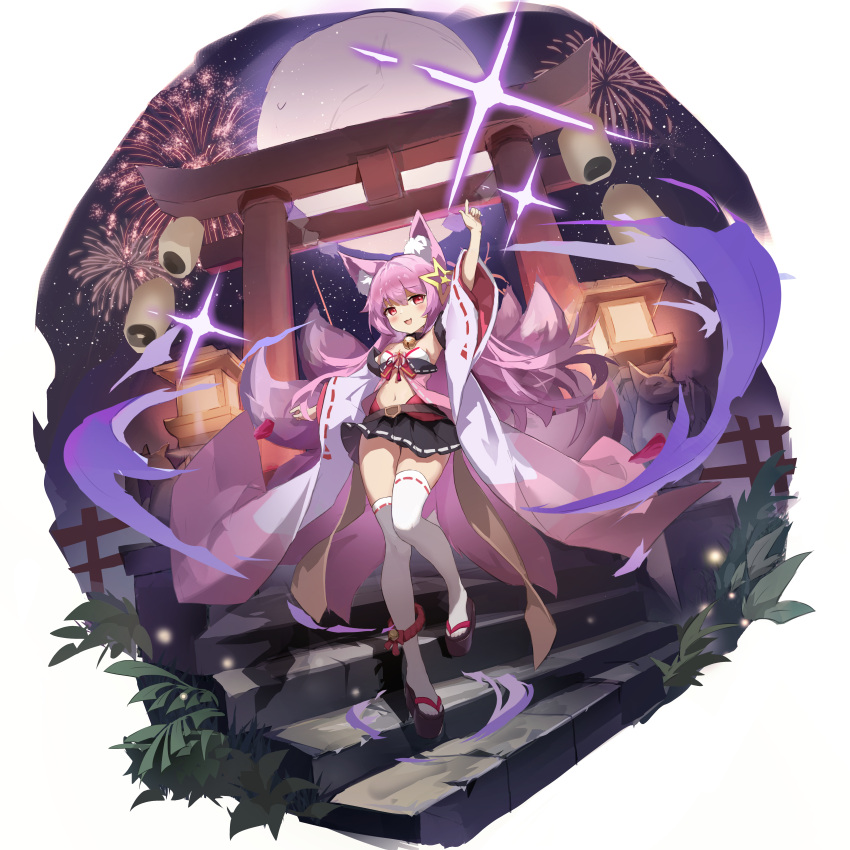 1girl :3 :d absurdres animal_ear_fluff animal_ears arm_up armpits bangs bare_shoulders bell belt black_skirt blush detached_sleeves eyebrows_visible_through_hair fireworks fox_ears fox_girl fox_tail full_body hair_ornament highres kitsune leg_up long_hair looking_at_viewer miniskirt moon multiple_tails neck_bell night original outdoors pink_hair red_eyes shoes skirt sky smile solo stairs standing star_(sky) starry_sky synring97 tail tail_raised thigh-highs torii white_legwear wide_sleeves zettai_ryouiki