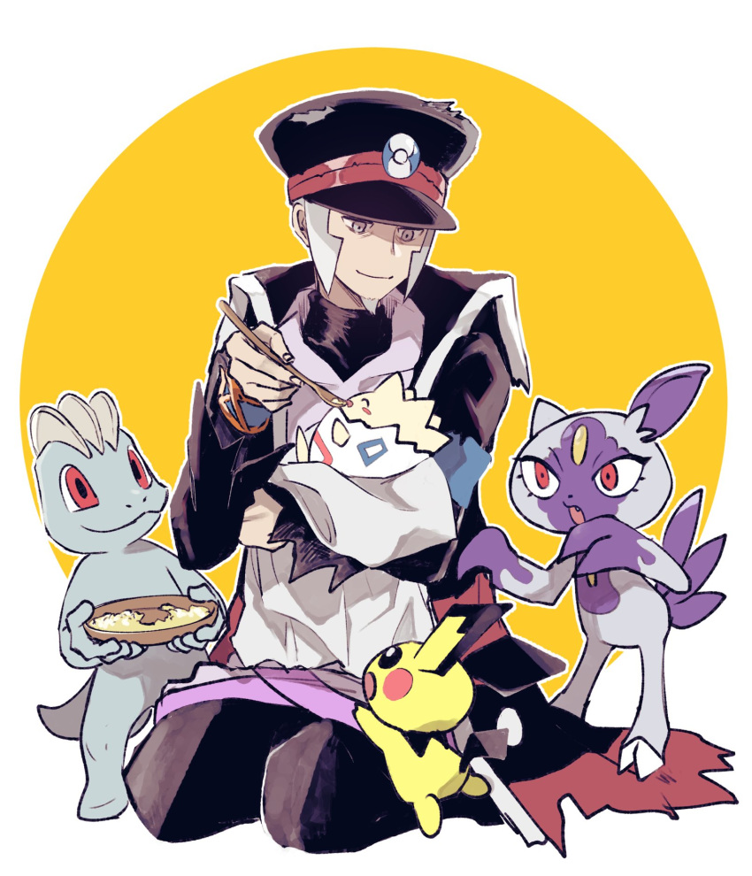 1boy black_headwear coat facial_hair feeding goatee grey_eyes hat highres hisuian_sneasel holding ingo_(pokemon) kimidorix32 kneeling machop peaked_cap pearl_clan_outfit pichu pokemon pokemon_(creature) pokemon_(game) pokemon_legends:_arceus sideburns smile togepi