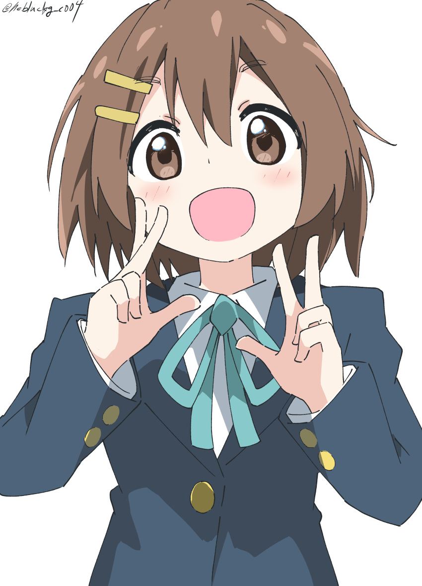 1girl absurdres bangs blazer blue_jacket blue_ribbon brown_eyes brown_hair commentary_request cynical_(llcbluckg_c004) double_v hair_between_eyes hair_ornament hairclip hands_up highres hirasawa_yui jacket k-on! light_blush long_sleeves looking_at_viewer neck_ribbon open_mouth ribbon shirt simple_background smile twitter_username upper_body v white_background white_shirt