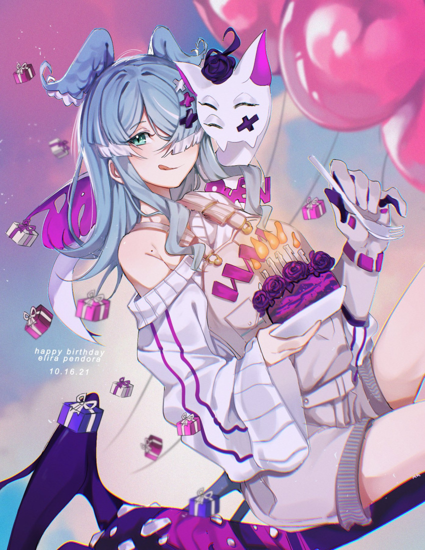 1girl animal_on_shoulder balloon blue_eyes blue_hair cake candle character_name dated dragon elira_pendora english_commentary fire food fork gift gloves grey_gloves grey_overalls hair_behind_ear hair_over_one_eye happy_birthday head_wings highres holding holding_fork holding_plate licking_lips long_hair looking_at_viewer low_wings mei_(adomanju) nijisanji nijisanji_en off_shoulder one_eye_covered overall_shorts overalls pikl_(elira_pendora) plate single_glove sitting smile solo spiked_bat sweater tongue tongue_out virtual_youtuber white_sweater wings