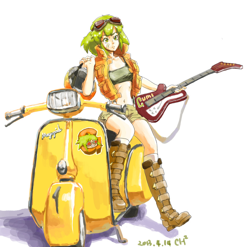 1girl [ch]^2 absurdres bandaid bandaid_on_cheek bandaid_on_face bicycle_helmet boots brown_footwear closed_mouth dated goggles goggles_on_head green_eyes green_hair ground_vehicle guitar gumi helmet highres holding holding_helmet holding_instrument instrument jacket megpoid_(vocaloid3) midriff motor_vehicle navel orange_jacket scooter shorts simple_background solo strapless tube_top vespa vocaloid white_background