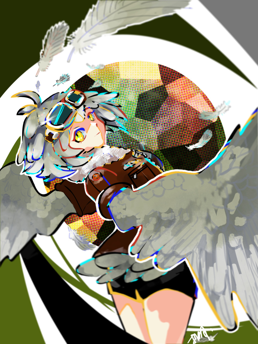 1girl brown_jacket commentary_request commission feathered_wings fur-trimmed_jacket fur_trim goggles goggles_on_head harpy highres jacket looking_at_viewer looking_back mixed-language_commentary monster_girl original short_hair shorts skeb_commission solo user_jnsr5422 white_feathers white_hair white_wings winged_arms wings yellow_eyes
