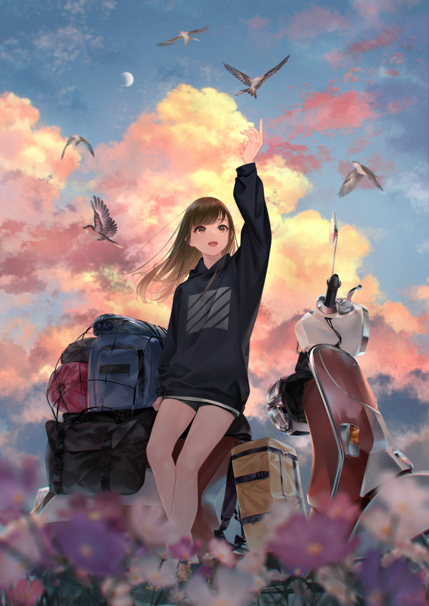 1girl :d animal arm_up bag bangs bare_legs bike_shorts bird black_shorts black_sweater blurry blurry_foreground brown_eyes brown_hair clouds cloudy_sky commentary_request crescent_moon day depth_of_field dress eyebrows_visible_through_hair flower ground_vehicle headwear_removed helmet helmet_removed highres long_hair luggage moon motor_vehicle open_mouth original outdoors purple_flower revision scooter shorts sky smile solo sousou_(sousouworks) standing sweater sweater_dress swept_bangs