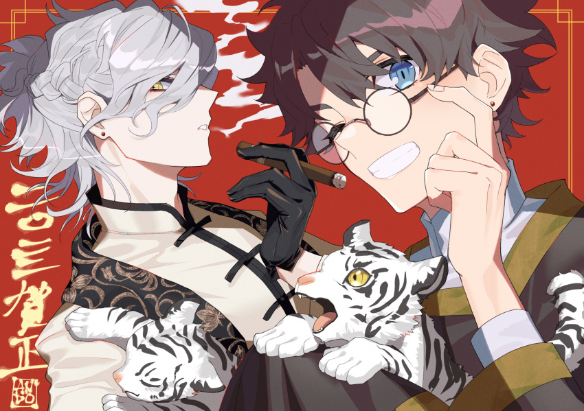 2boys :d alternate_costume alternate_hairstyle amiamikaokao animal black_gloves black_hair blue_eyes chinese_clothes chinese_zodiac commentary earrings edmond_dantes_(fate) expressionless fate/grand_order fate_(series) fujimaru_ritsuka_(male) glasses gloves highres holding holding_animal jewelry long_sleeves looking_at_viewer looking_to_the_side multiple_boys ponytail red_background silver_hair smile smoke smoke_trail smoking tangzhuang teeth tiger white_hair white_tiger year_of_the_tiger yellow_eyes