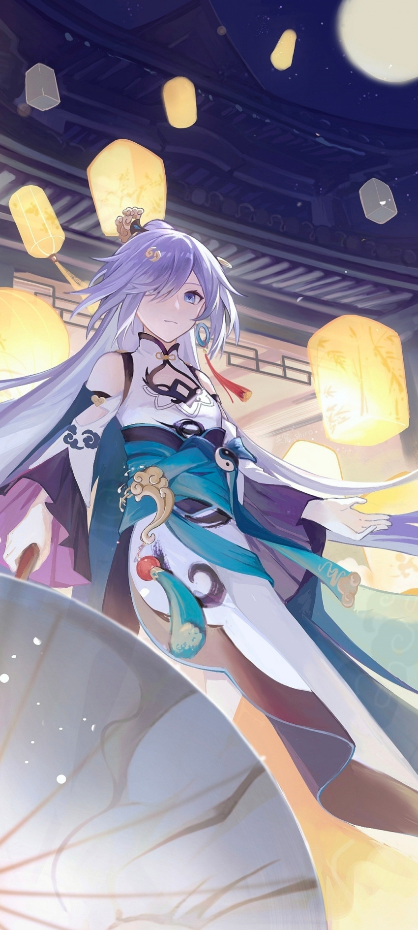 1girl absurdres architecture bangs black_hair blue_eyes china_dress chinese_clothes closed_mouth dress east_asian_architecture fu_hua fu_hua_(azure_empyrea) hair_ornament hair_over_one_eye highres holding holding_umbrella honkai_(series) honkai_impact_3rd lantern long_hair long_sleeves looking_at_viewer night night_sky oil-paper_umbrella paper_lantern ponytail sky umbrella white_dress yanwoshiro15360