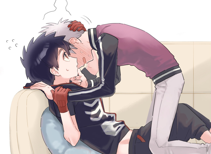 2boys black_hair blush boy_on_top commentary_request embarrassed faceless faceless_male flustered from_side hands_on_another's_face highres imminent_kiss implied_yaoi kemono_jihen kusaka_kabane looking_at_another male_focus multiple_boys nervous open_mouth profile shota_on_shota shy tademaru_shiki touching wao_(77_af5)