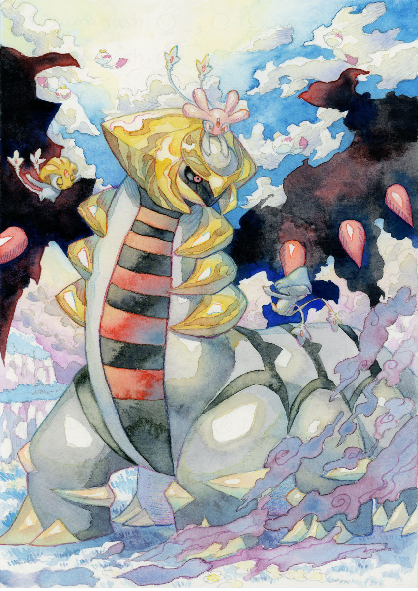 azelf blue_sky chimecho clouds cloudy_sky commentary_request day full_body giratina giratina_(altered) highres looking_at_another mesprit no_humans outdoors pokemon pokemon_(creature) simple_background sky standing sunlight twitter_username uxie watermark wings yamanashi_taiki