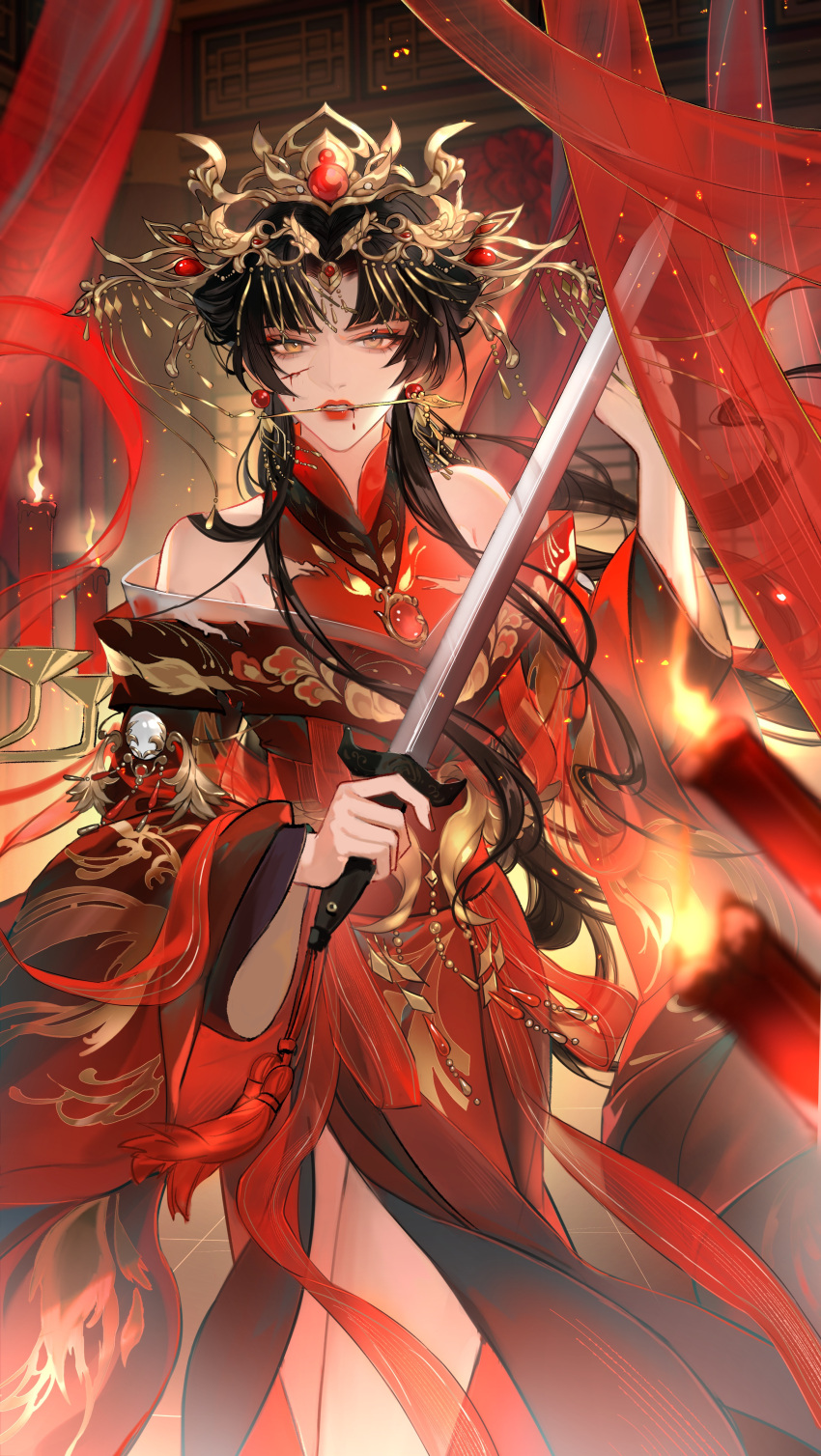 1girl absurdres amber_eyes bare_shoulders black_hair blood brooch candle dress earrings fire guaisen hair_ornament highres holding holding_sword holding_weapon jewelry long_hair long_sleeves off-shoulder_dress off_shoulder orange_eyes original red_dress scowl solo standing sword tassel transparent weapon wide_sleeves