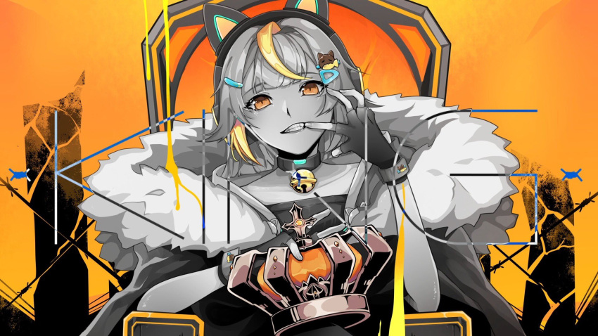 1girl akatsuki_banmai black_collar blonde_hair cape coat collar crown crown_removed finger_in_mouth fur-trimmed_cape fur-trimmed_coat fur_trim highres holding holding_crown king_(vocaloid) lei_a_(niwa) limited_palette mouth_pull nijigen_project second-party_source solo song_name throne virtual_youtuber vocaloid