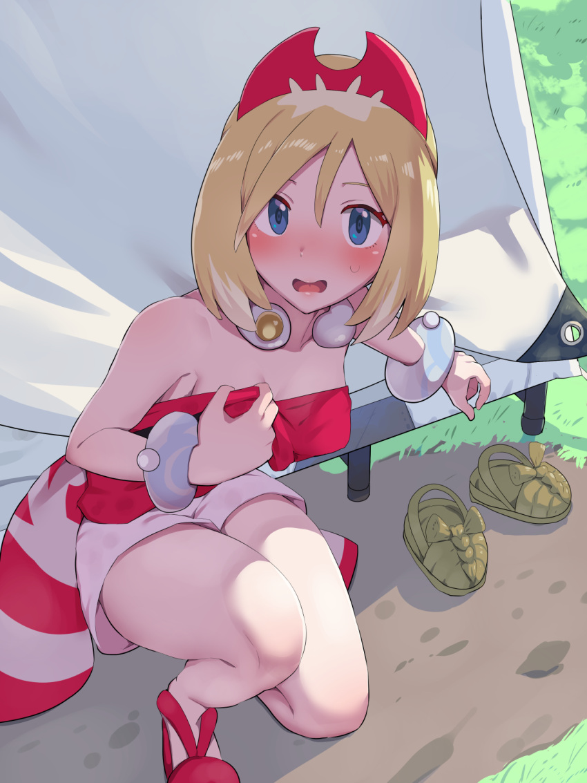 1girl bangs blonde_hair blue_eyes blush boris_(noborhys) breasts collar commentary_request day eyelashes grass hair_between_eyes hairband highres irida_(pokemon) knees looking_at_viewer one_knee outdoors pokemon pokemon_(game) pokemon_legends:_arceus red_footwear red_hairband red_shirt sash shirt shoes shoes_removed short_hair shorts solo strapless strapless_shirt sweatdrop tent waist_cape white_shorts