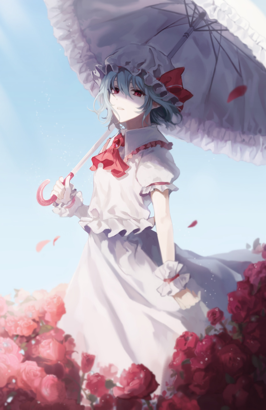 1girl ap5ry ascot blue_hair brooch day eyebrows_behind_hair feet_out_of_frame flower frilled_shirt_collar frills from_side hair_between_eyes hand_up hat highres holding holding_umbrella jewelry looking_at_viewer mob_cap no_wings outdoors puffy_short_sleeves puffy_sleeves red_ascot red_flower red_rose remilia_scarlet rose shirt short_hair short_sleeves skirt solo touhou umbrella white_headwear white_shirt white_skirt wrist_cuffs