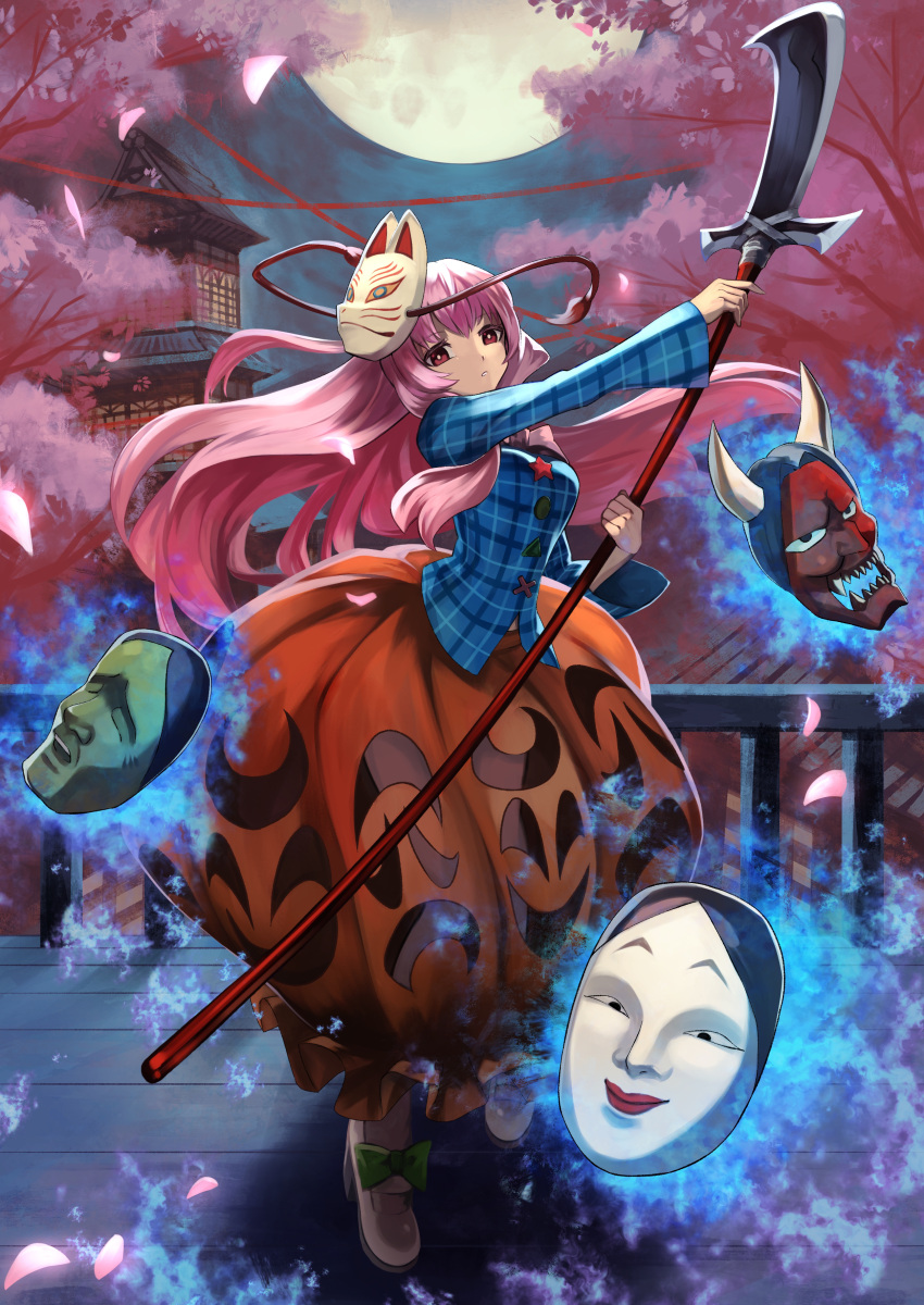 1girl absurdres blue_shirt bow bowtie bubble_skirt buttons cherry_blossoms collared_shirt expressionless fox_mask full_body hata_no_kokoro highres holding holding_hands hyottoko_mask long_hair looking_at_viewer mask mask_on_head moon naginata night noh_mask oni_mask orange_skirt pink_eyes pink_hair plaid plaid_shirt polearm purple_bow purple_bowtie shirt skirt solo sword teo_(telo_ruka) touhou very_long_hair weapon