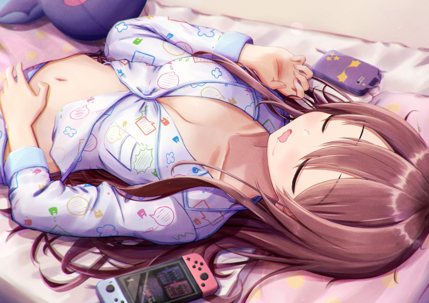 1girl absurdres bangs bed_sheet breasts cellphone cleavage closed_eyes collarbone commentary debi_tarou drooling eyebrows_visible_through_hair hair_between_eyes hand_up head_on_pillow highres idolmaster idolmaster_shiny_colors long_hair long_sleeves lying masuku_(saint_mask) midriff navel nintendo_switch on_back oosaki_tenka open_mouth pajamas phone polka_dot saliva shiny shiny_hair sleeping smartphone smartphone_case solo stuffed_toy wavy_mouth