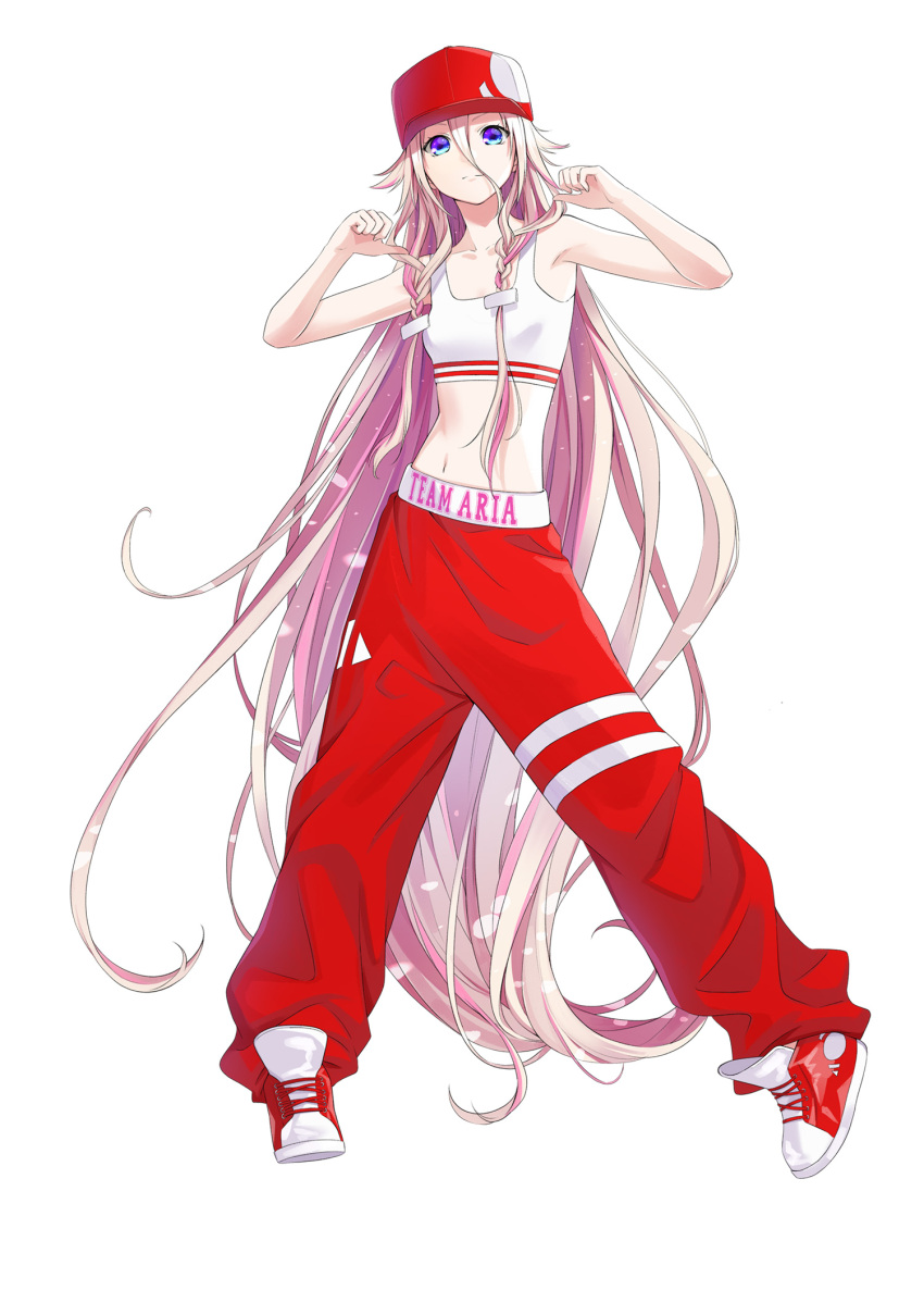 1girl artist_request baggy_pants bare_arms baseball_cap blonde_hair blue_eyes braid breasts cevio closed_mouth collarbone full_body hair_between_eyes hair_flaps hair_ornament hands_up hat highres ia_(vocaloid) long_hair looking_at_viewer midriff multicolored_hair navel official_art pants pink_hair red_footwear red_headwear red_pants shoes side_braids simple_background small_breasts sneakers solo sports_bra standing sweatpants twin_braids two-tone_hair very_long_hair vocaloid white_background