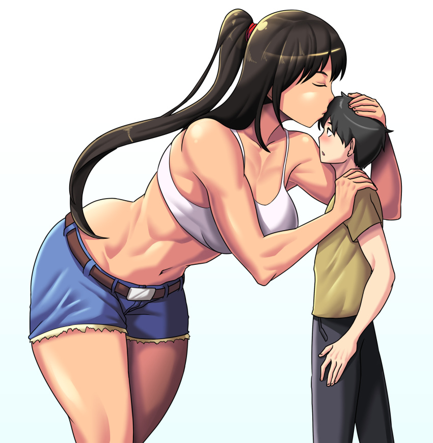 1boy 1girl abs belt belt_buckle black_hair black_pants blue_shorts blush brown_hair buckle closed_eyes cutoffs dark_skin denim denim_shorts hand_on_another's_head hand_on_another's_shoulder highres kiss kissing_forehead leaning_forward midriff muscular muscular_female navel original pants ponytail shirt shorts size_difference sports_bra tall_female toothbrushking white_sports_bra yellow_shirt
