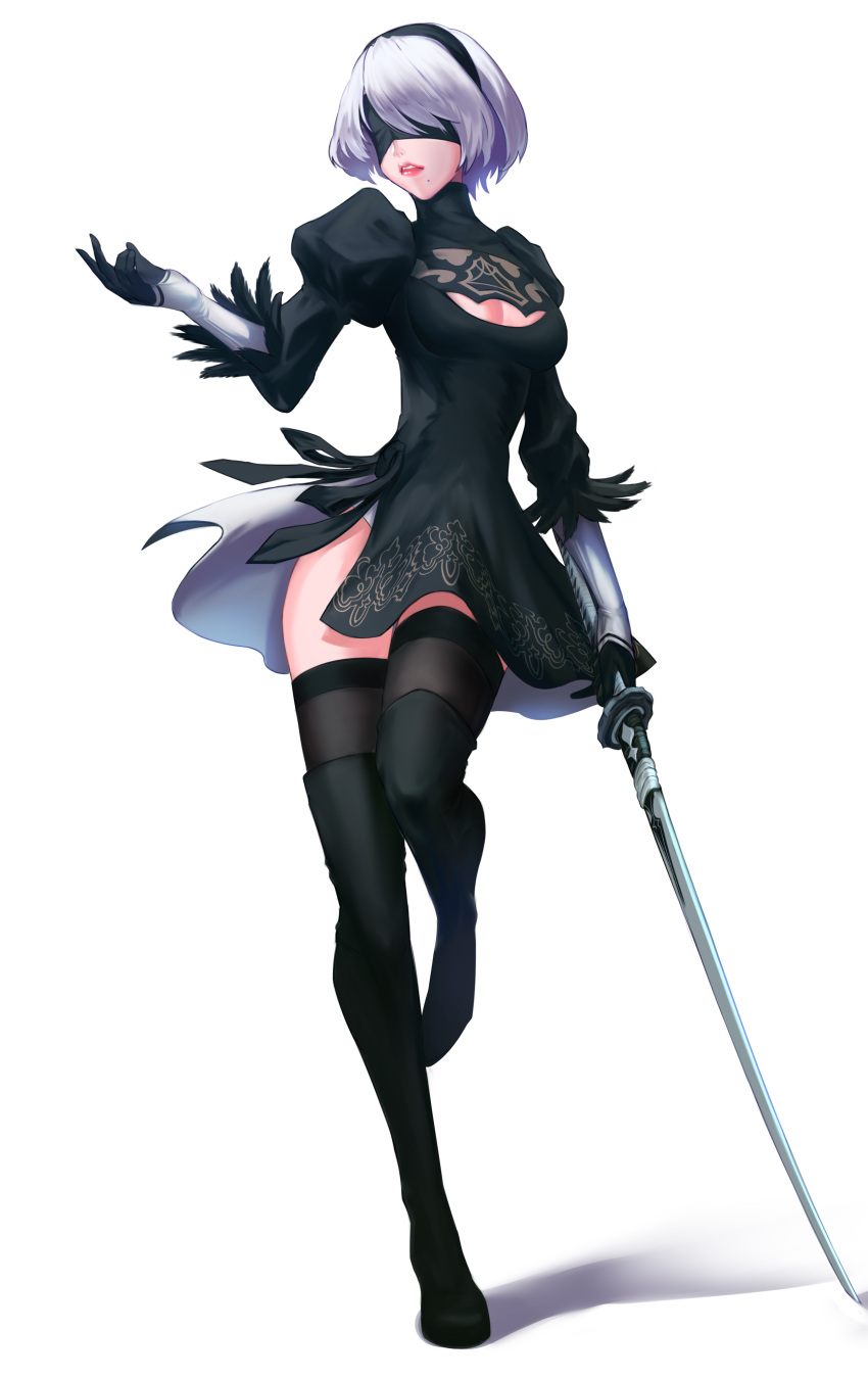 1girl absurdres black_blindfold black_footwear black_gloves black_hairband blindfold boots full_body gloves grey_background grey_hair grey_legwear hairband high_heel_boots high_heels highres holding holding_sword holding_weapon katana mole mole_under_mouth nier_(series) nier_automata puffy_sleeves see-through shadow short_hair simple_background solo sword thigh-highs turtleneck ura_dora weapon yorha_no._2_type_b