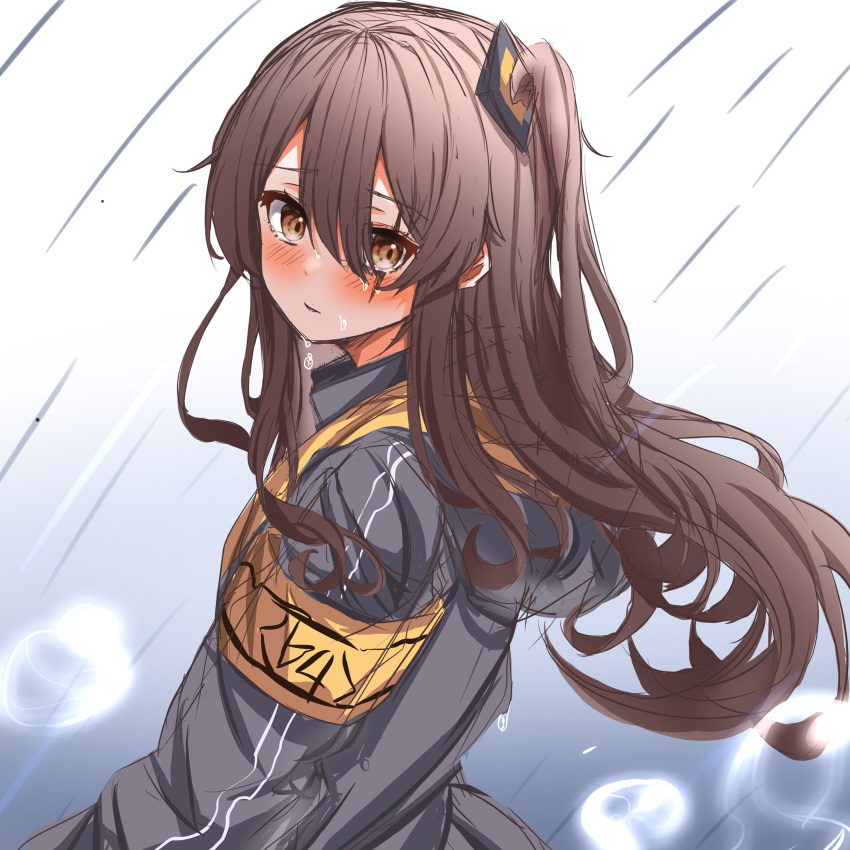 404_logo_(girls'_frontline) absurdres armband bangs black_jacket blush commentary_request dripping eyebrows eyebrows_visible_through_hair from_side girls_frontline grey_hair grey_sky hair_ornament head_tilt highres hood hood_down hooded_jacket jacket long_hair looking_at_viewer nanahosi45 outdoors parted_lips ponytail rain scar scar_across_eye shiny shiny_hair side_ponytail sidelocks ump45_(girls'_frontline) water_drop wet yellow_eyes