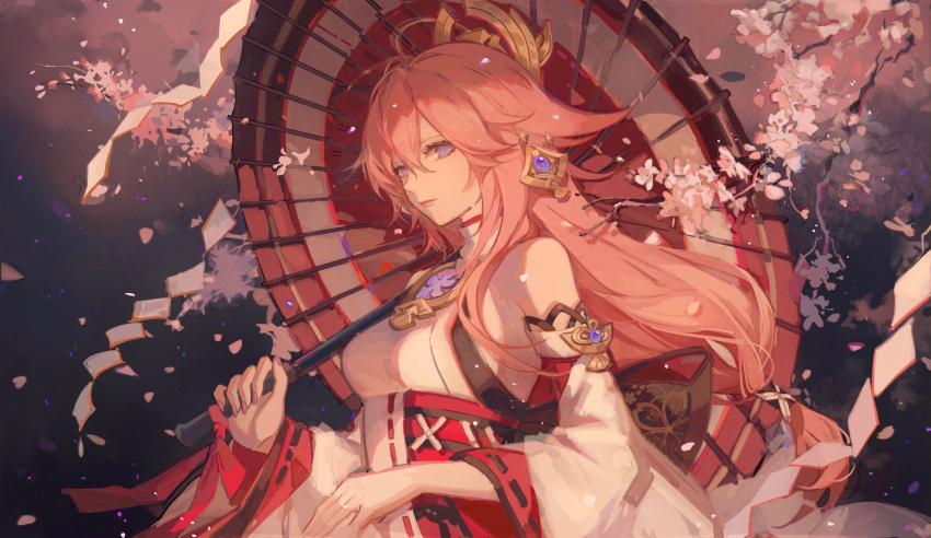 1girl absurdres antenna_hair bare_shoulders branch cherry_blossoms detached_sleeves genshin_impact halterneck highres japanese_clothes long_hair looking_at_viewer looking_to_the_side night on_shoulder petals pink_hair solo umbrella violet_eyes wide_sleeves wind yae_miko zerotabi1210