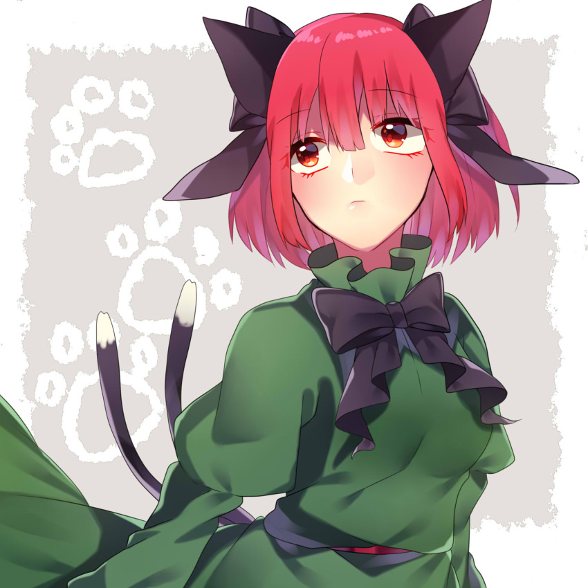 1girl alternate_hairstyle animal_ears bangs black_bow black_bowtie blunt_bangs border bow bowtie breasts cat_ears cat_tail cowboy_shot dress eyebrows_visible_through_hair green_dress grey_background hair_between_eyes hair_bow highres juliet_sleeves kaenbyou_rin long_sleeves looking_away medium_breasts multiple_tails nekomata outside_border puffy_sleeves red_eyes redhead renka_(sutegoma25) short_hair simple_background solo tail touhou two_tails white_border