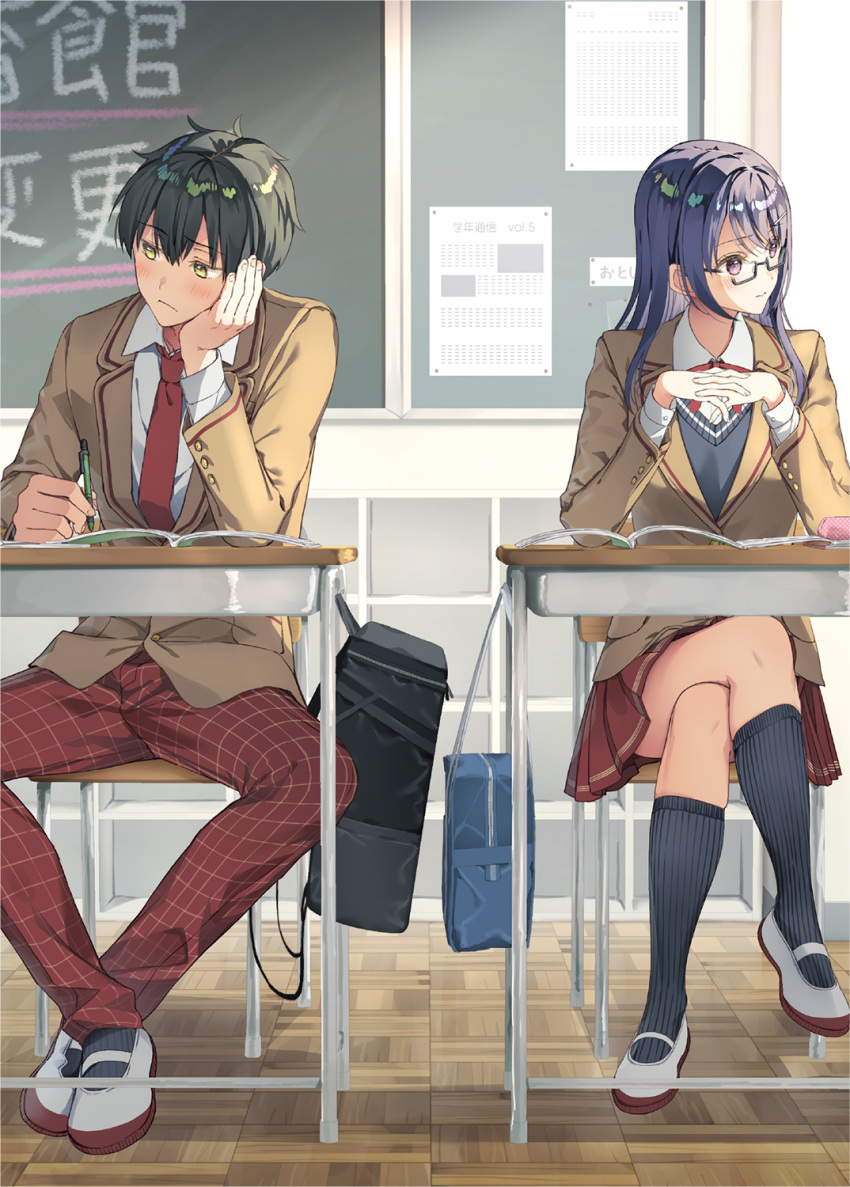 1boy 1girl asahina_hikage bag bangs black_bag black_hair black_sweater blazer blue_bag blush brown_jacket chair classroom collared_shirt commentary_request copyright_request crossed_legs desk eyebrows_visible_through_hair glasses hair_between_eyes hand_on_own_face highres holding holding_pencil indoors interlocked_fingers jacket loafers long_hair necktie official_art original pants pencil pleated_skirt red_necktie red_pants red_ribbon red_skirt ribbon school_bag school_uniform shirt shoes short_hair sitting skirt sweater violet_eyes white_footwear white_shirt yellow_eyes