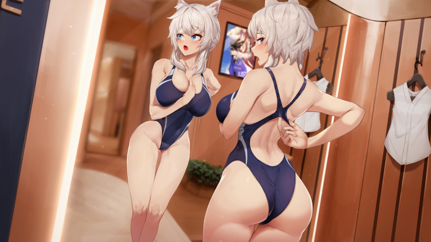 1girl absurdres animal_ear_fluff animal_ears ass bangs bare_arms bare_shoulders blue_eyes blue_swimsuit blush breasts carpet cat_ears collarbone commentary_request competition_school_swimsuit cosplay_request covered_navel cowboy_shot daydream_(zhdkffk21) dress english_text eyebrows_visible_through_hair eyelashes feet_out_of_frame highleg highleg_swimsuit highres indoors large_breasts leaning_forward looking_at_viewer makeup mascara mirror one-piece_swimsuit open_mouth original poster_(object) reflection school_swimsuit short_hair_with_long_locks sidelocks silver_hair solo standing swimsuit tongue two-tone_swimsuit