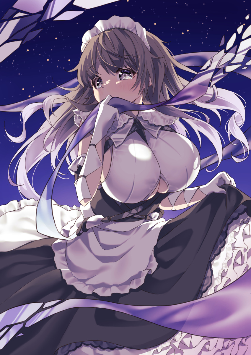 1girl absurdres apron azur_lane black_dress breasts charybdis_(azur_lane) classic_(zildjian33) clothing_cutout covered_mouth dress framed_breasts frilled_apron frilled_dress frills gloves grey_eyes grey_hair highres large_breasts layered_dress long_hair looking_at_viewer maid night night_sky purple_ribbon ribbon skirt_hold sky sleeveless solo star_(sky) starry_sky two-tone_dress under_boob underboob_cutout white_apron white_dress white_gloves
