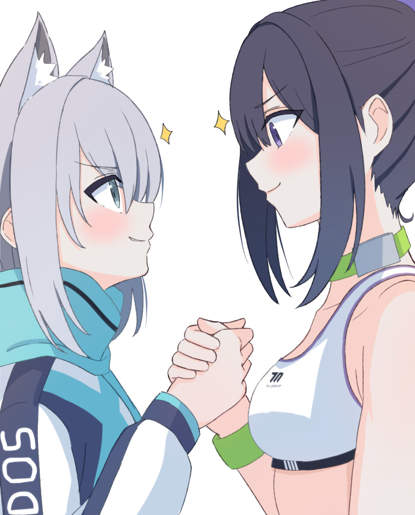 2girls animal_ear_fluff animal_ears black_hair blue_archive blue_scarf breasts choker diamond_(shape) eyebrows_visible_through_hair from_side green_choker grin hands_up highres holding_hands jacket karon_(karon_cha) light_blush long_hair long_sleeves looking_at_another medium_breasts multiple_girls ponytail scarf shiroko_(blue_archive) simple_background smile sports_bra striped striped_scarf sumire_(blue_archive) sweatband track_jacket upper_body violet_eyes white_background wolf_ears