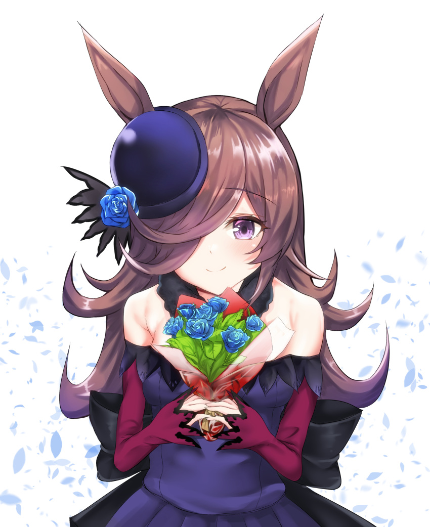 1girl absurdres animal_ears bangs bare_shoulders black_headwear blue_dress blue_flower blue_rose bouquet breasts brown_hair closed_mouth commentary dress eyebrows_visible_through_hair flower hair_over_one_eye hat hat_flower highres holding holding_bouquet horse_ears long_hair long_sleeves off-shoulder_dress off_shoulder petals rice_shower_(umamusume) rose setu_(shining12) sleeves_past_wrists small_breasts smile solo tilted_headwear umamusume very_long_hair violet_eyes white_background