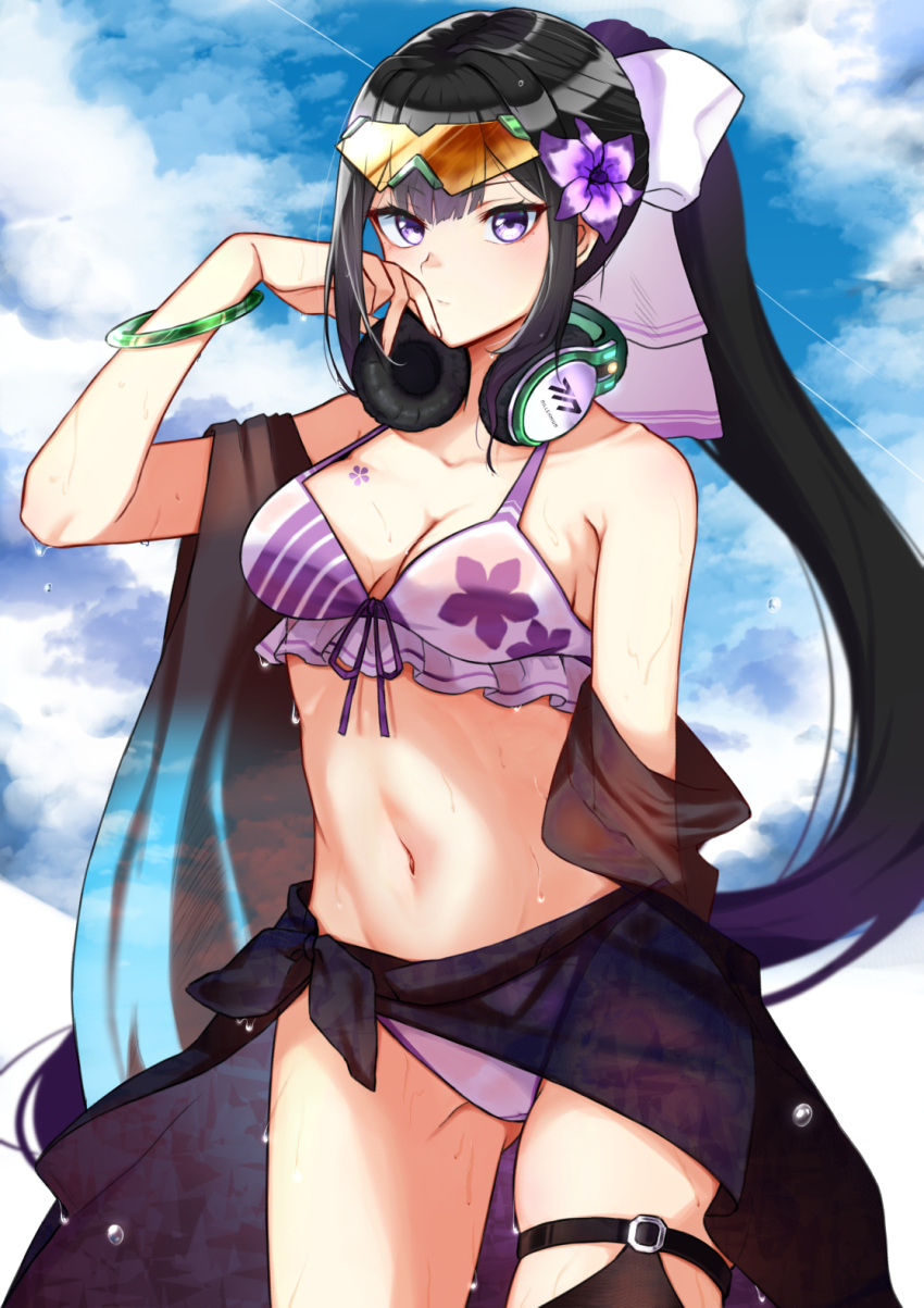 1girl alternate_costume bikini black_shawl blue_archive bow breasts closed_mouth clothes_around_waist clouds collarbone day eyewear_on_head floral_print flower frilled_bikini frills front-tie_top green-framed_eyewear hair_bow hair_flower hair_ornament hand_up headphones headphones_around_neck highres light_blush long_hair looking_at_viewer medium_breasts navel orange-tinted_eyewear ponytail print_bikini purple_bikini purple_flower saco_(cgmore) shawl sky solo sports_sunglasses sumire_(blue_archive) swimsuit tinted_eyewear violet_(flower) violet_eyes wet
