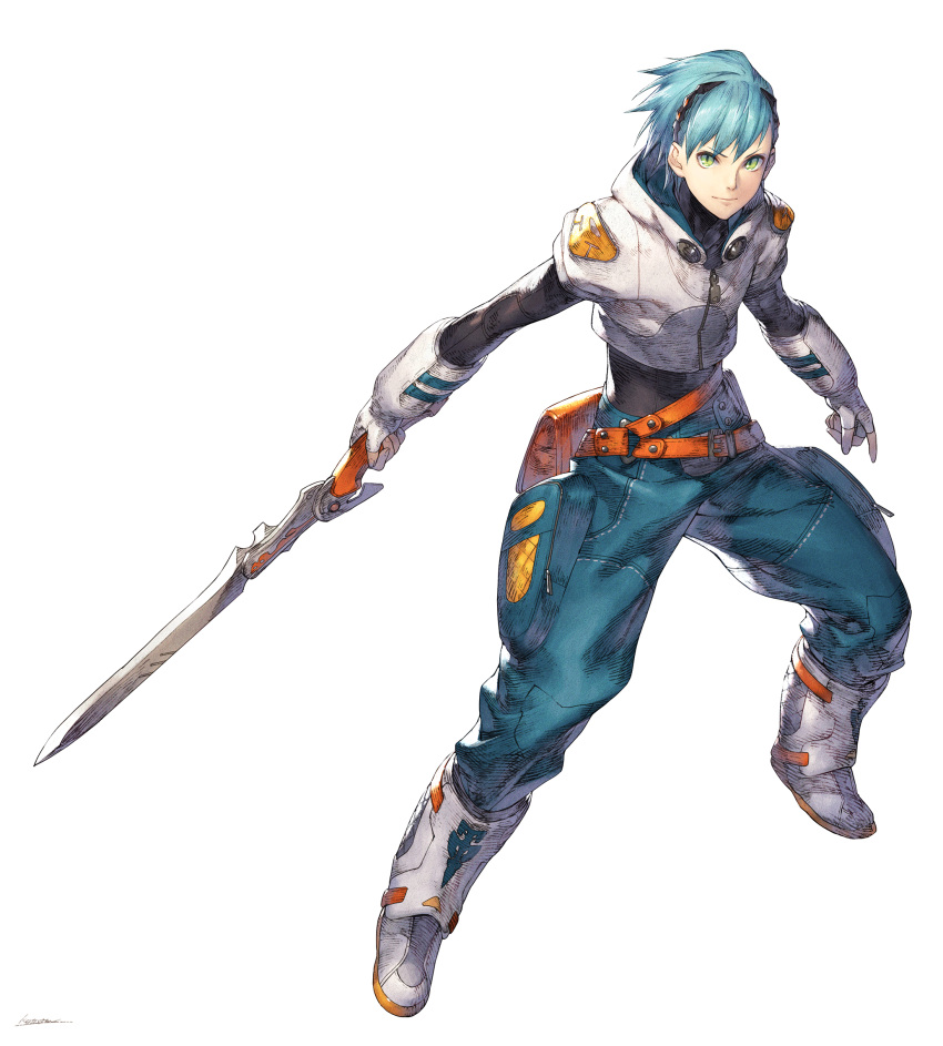 1boy bangs blue_hair blue_pants boots closed_mouth commentary_request cropped_jacket fantasy fingerless_gloves full_body gauntlets gloves green_eyes highres holding holding_sword holding_weapon jacket kotatsu_(g-rough) looking_at_viewer male_focus original pants smile solo sword weapon white_background zipper