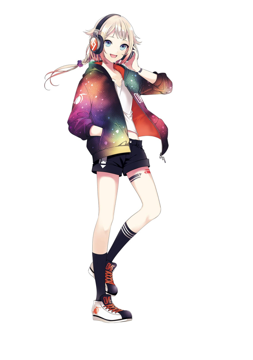 1girl :d artist_request asymmetrical_legwear bangs black_legwear black_shorts blonde_hair blue_eyes body_markings braid braided_ponytail cevio collarbone full_body hair_flaps hair_ornament hair_scrunchie hand_in_pocket hand_on_headphones hand_up headphones highres jacket long_sleeves looking_at_viewer mismatched_legwear multicolored_hair official_art one_(cevio) open_clothes open_jacket open_mouth orange_hair print_jacket scrunchie shirt shoes short_hair_with_long_locks short_shorts shorts simple_background smile sneakers socks solo space_print standing standing_on_one_leg starry_sky_print two-tone_hair white_background white_shirt