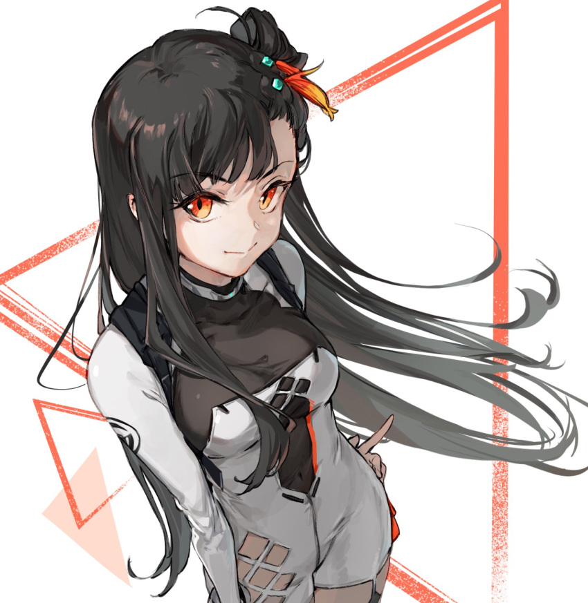 1girl bangs black_hair bodystocking breasts closed_mouth collarbone covered_navel dress eyebrows_visible_through_hair feet_out_of_frame from_above girls_frontline hair_ornament hairclip hand_on_hip highres long_hair long_sleeves looking_at_viewer medium_breasts orange_eyes qbz-191_(girls'_frontline) shuzi side_ponytail simple_background smile solo standing white_dress
