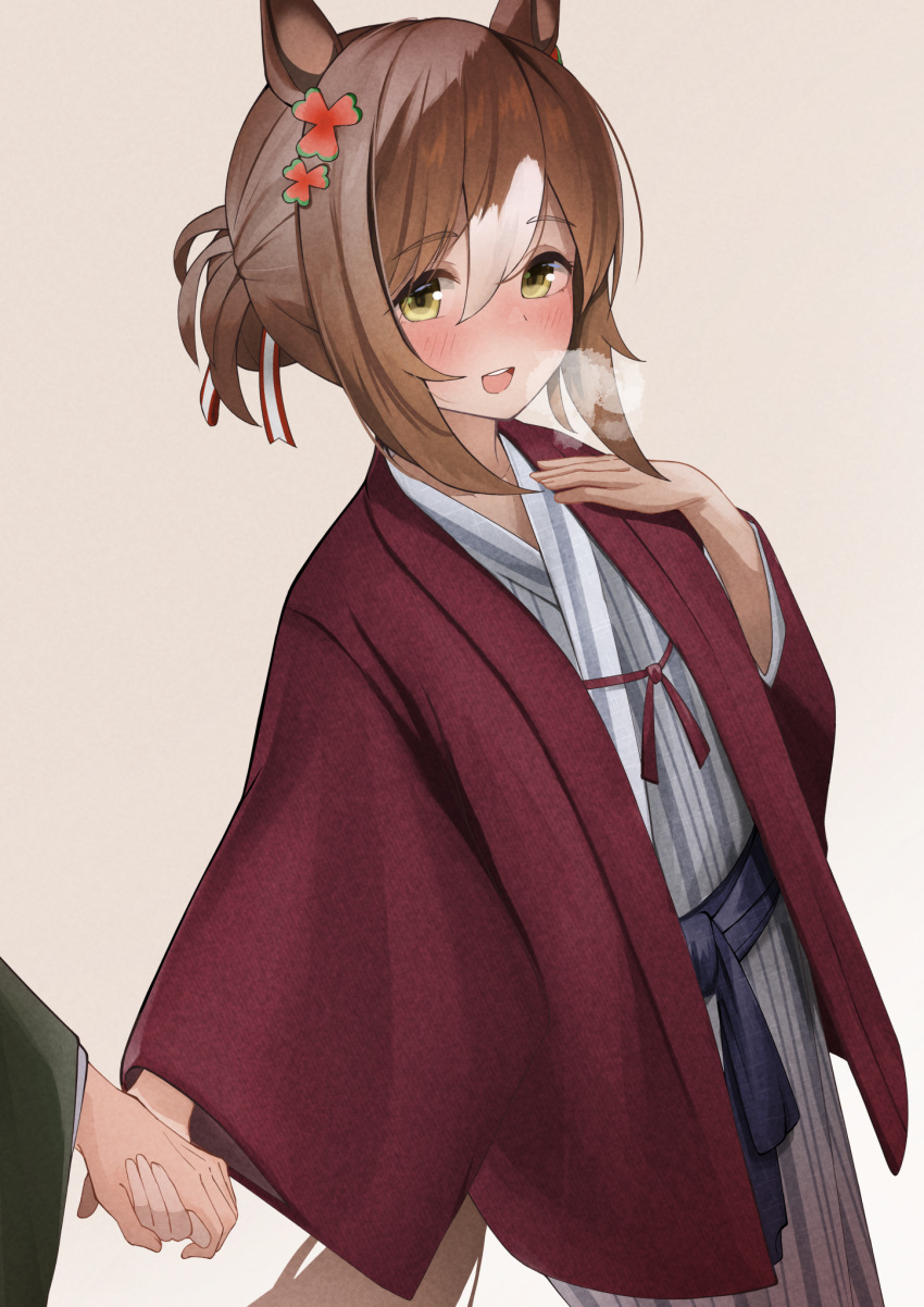 1girl alternate_costume animal_ears blush brown_hair commentary_request fine_motion_(umamusume) folded_ponytail green_eyes heavy_breathing highres holding_hands horse_ears horse_girl horse_tail japanese_clothes kimono krmrsn9603 looking_at_viewer onsen open_mouth simple_background solo_focus tail umamusume umapyoi_(phrase) yukata