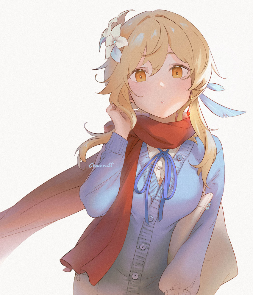 1girl bangs blonde_hair blue_cardigan blue_ribbon cardigan chocorut dress_shirt earrings eyebrows_visible_through_hair flower genshin_impact hair_between_eyes hair_flower hair_intakes hair_ornament highres jewelry long_sleeves looking_at_viewer lumine_(genshin_impact) neck_ribbon orange_eyes parted_lips red_scarf ribbon scarf shiny shiny_hair shirt short_hair_with_long_locks simple_background solo upper_body white_background white_flower white_shirt