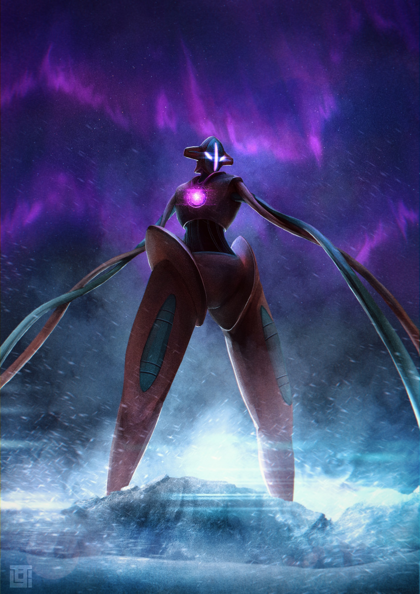 absurdres aurora blurry commentary_request deoxys deoxys_(normal) from_below glowing glowing_eyes highres kozsen_810290 night outdoors pokemon pokemon_(creature) sky solo standing tentacles watermark