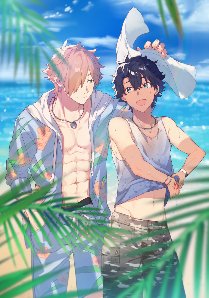 2boys absurdres bangs black_hair commentary_request fate/grand_order fate_(series) fujimaru_ritsuka_(male) hair_over_one_eye highres hood hoodie jacket long_sleeves male_focus male_swimwear multiple_boys open_clothes open_mouth orange_hair robin_hood_(fate) robin_hood_(summer_hunter)_(fate) short_hair smile swim_trunks swimsuit tuze111