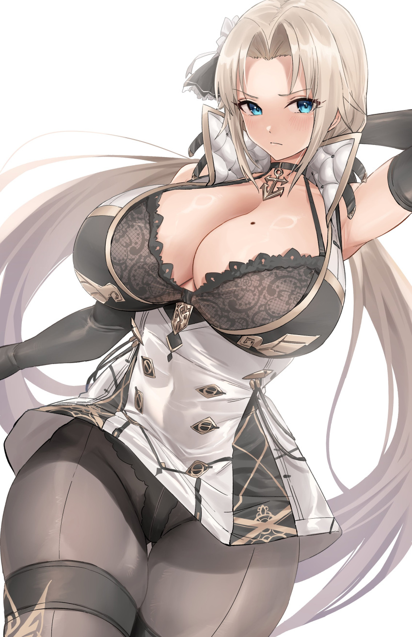 1girl absurdres alternate_breast_size anchor_choker arm_behind_head azur_lane black_bra black_gloves black_legwear black_panties blonde_hair blue_eyes bra breasts closed_mouth collarbone commentary cowboy_shot dot_nose dress elbow_gloves gloves highres hotate-chan huge_breasts kronshtadt_(azur_lane) long_hair looking_at_viewer low_twintails mole mole_on_breast panties pantyhose simple_background sleeveless sleeveless_dress solo thick_thighs thigh_gap thighs twintails underwear very_long_hair white_dress