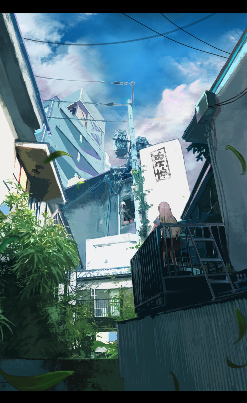 1girl absurdres city from_behind from_below gomi_(illlxxxo) grey_hair highres house letterboxed long_hair original outdoors plant power_lines scenery sky solo standing utility_pole