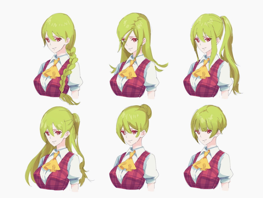 1girl alternate_hair_length alternate_hairstyle ascot bangs braid braided_ponytail breasts closed_mouth collared_shirt commentary_request cropped_torso flower french_braid green_hair hair_between_eyes hair_ornament highres kazami_yuuka large_breasts long_hair looking_at_viewer multiple_views plaid plaid_vest ponytail puffy_short_sleeves puffy_sleeves red_eyes shiny shiny_hair shirt short_hair short_sleeves sidelocks simple_background smile tied_hair tohoyuukarin touhou vest white_background white_shirt wing_collar yellow_ascot