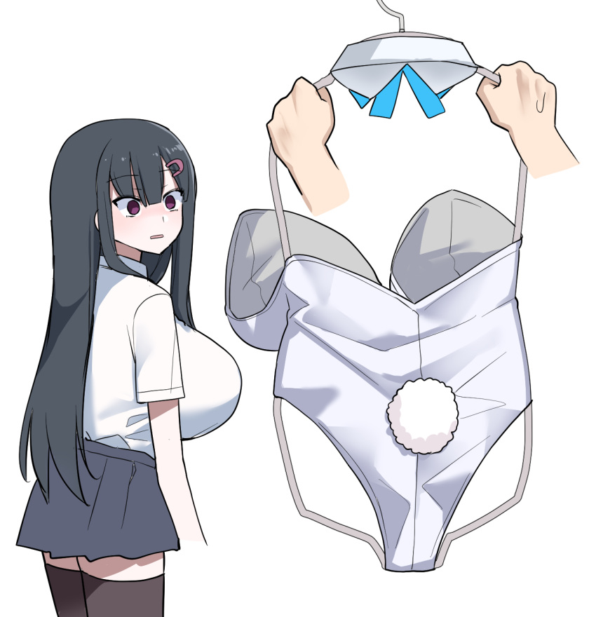 1girl akitokage01 bangs black_hair blue_bow blue_bowtie blunt_bangs bow bowtie bowtie_removed breasts brown_legwear collar collared_shirt cropped_arms detached_collar disembodied_limb eyebrows_visible_through_hair fake_tail from_side grey_skirt hair_between_eyes hair_ornament hairclip highres huge_breasts leotard long_hair looking_at_another miniskirt open_mouth original rabbit_tail rectangular_mouth shirt shirt_tucked_in short_sleeves sidelocks simple_background skirt solo_focus standing straight_hair sweatdrop tail thigh-highs turning_head very_long_hair violet_eyes white_background white_collar white_leotard white_shirt zettai_ryouiki